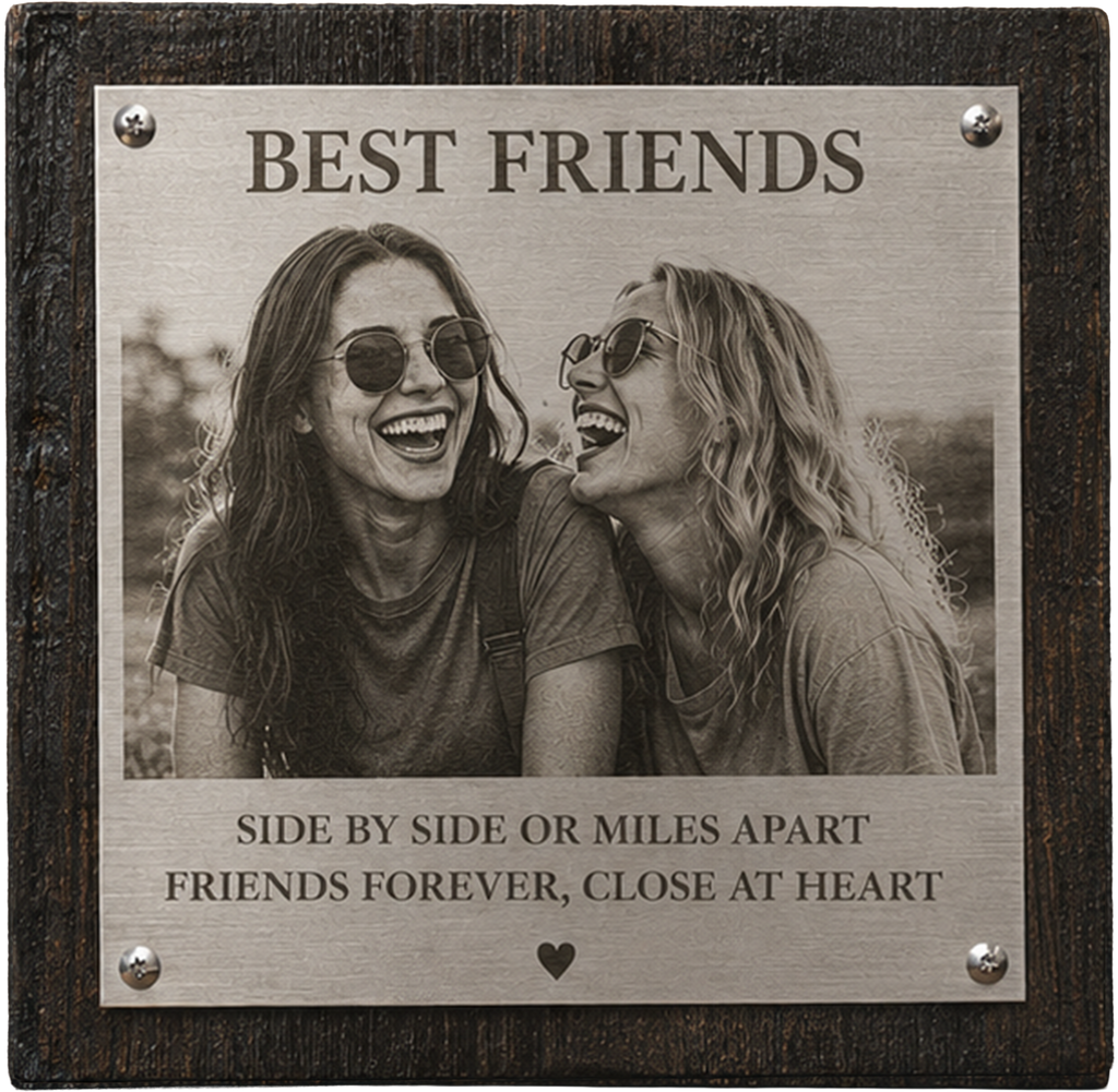 Custom Stainless Steel Photo Plaque on Reclaimed Wood