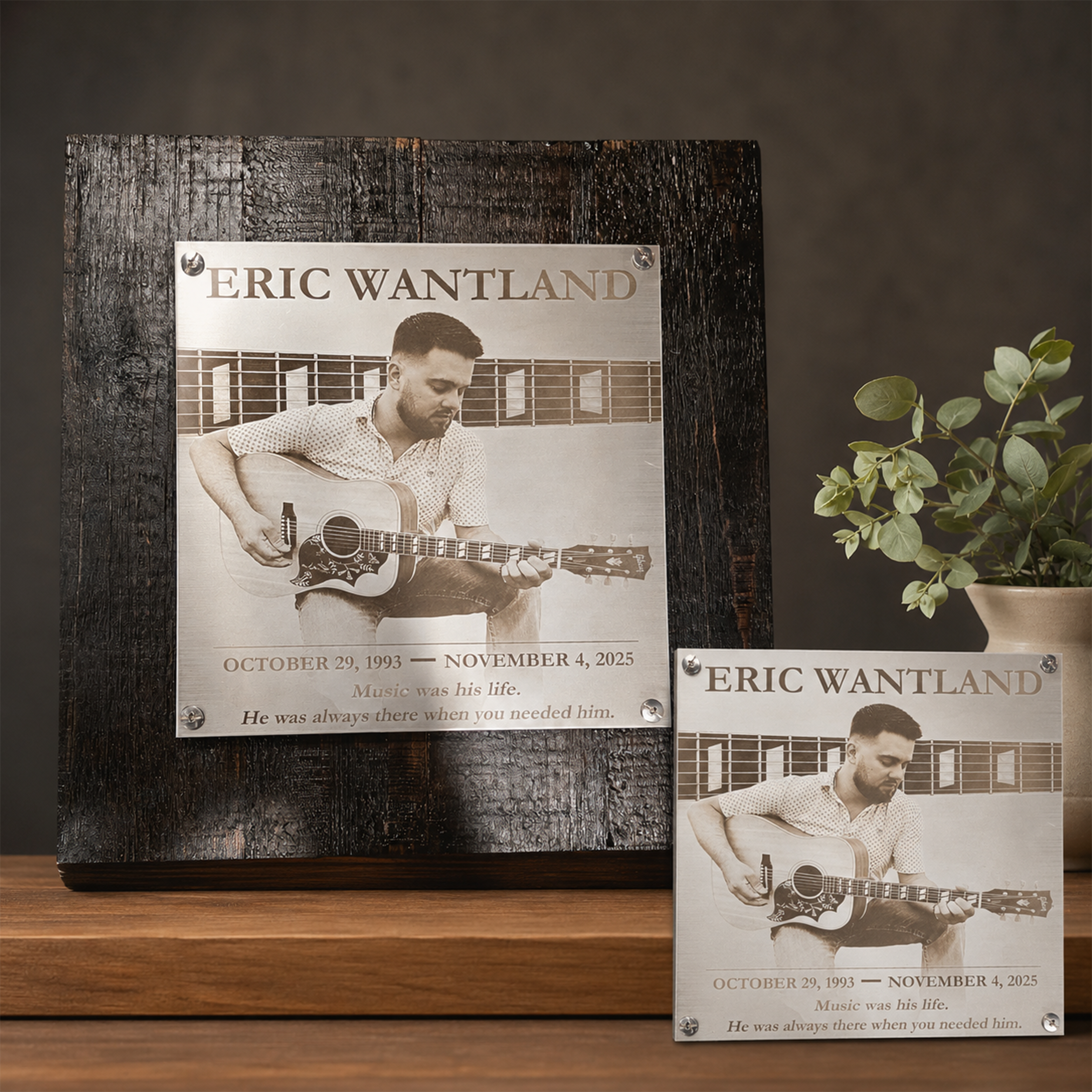 Custom Stainless Steel Photo Plaque on Reclaimed Wood