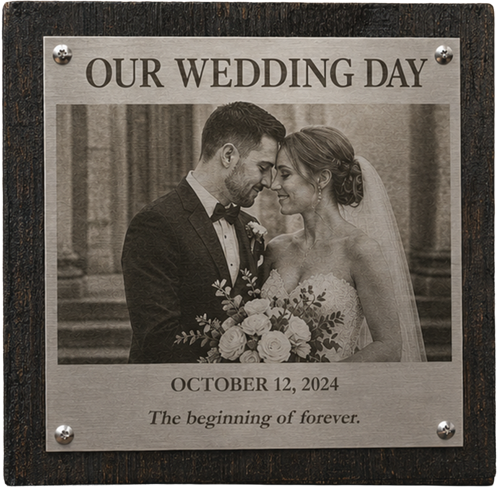 Custom Stainless Steel Photo Plaque on Reclaimed Wood