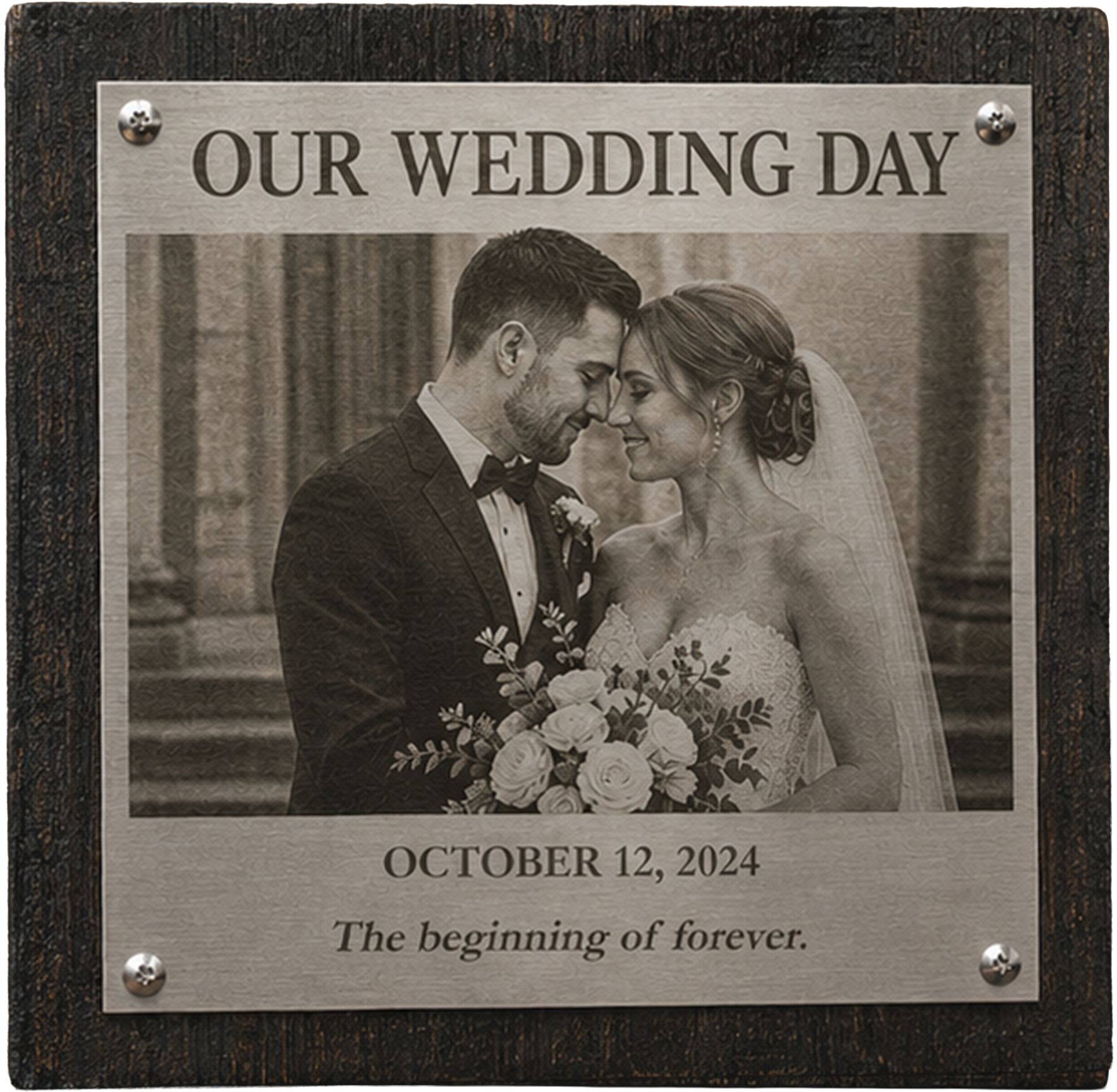 Custom Stainless Steel Photo Plaque on Reclaimed Wood